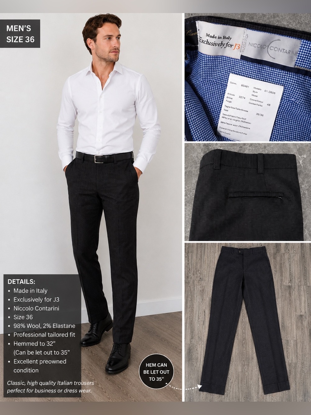 Nicolo Contarini Made in Italy Men’s Wool Dress Pants 36” Tailored Trouser Brown